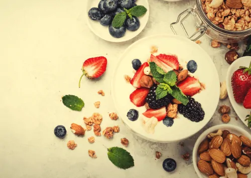 Home-cooked breakfast of fresh fruit and nuts